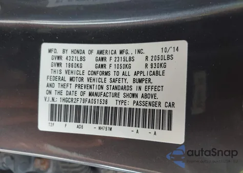 2015 Honda Accord Ex из США, поврежденный, VIN 1HGCR2F79FA051536